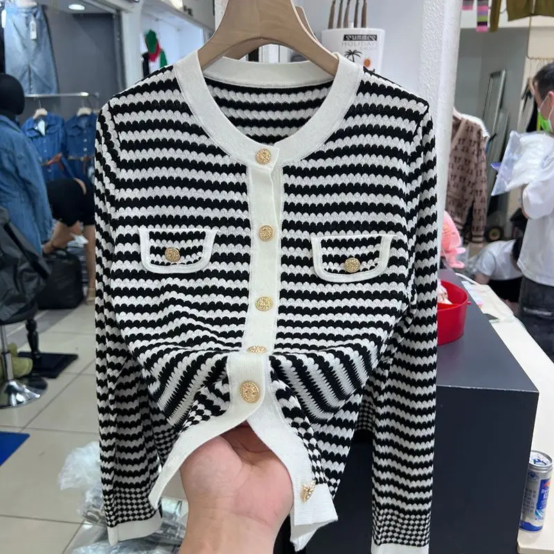 Women's 2023 Autumn and Winter Striped Cardigan Single Treated Sweater Patchwork Crew Neck Long Sleeve Loose Chic Knit Tops Coat