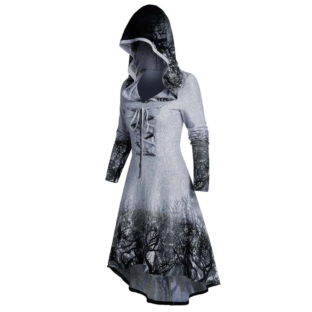 Gothic Women Dress Tree Root Print Hooded Lace-Up High Low Flare Dress Long Sleeve Casual Mid-Calf Party Dress Autumn Vestidos