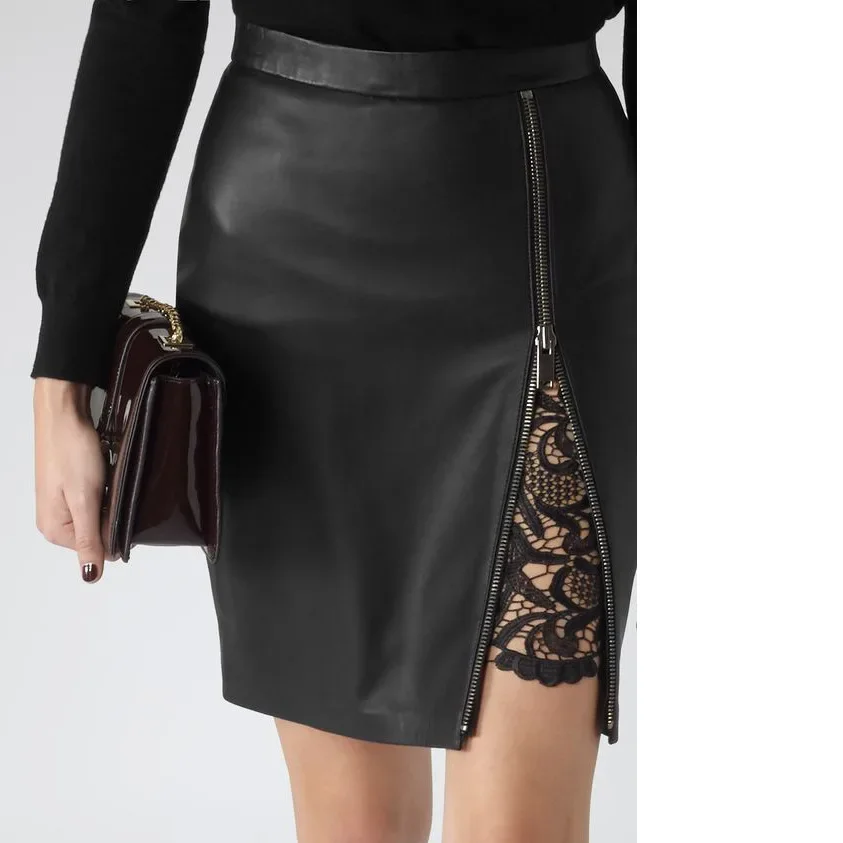 Vintage Black Faux Leather Midi Skirt Women Fashion Double Zip Matte PU Skirt Party Office Lady Straight Skirt Hem Split Custom