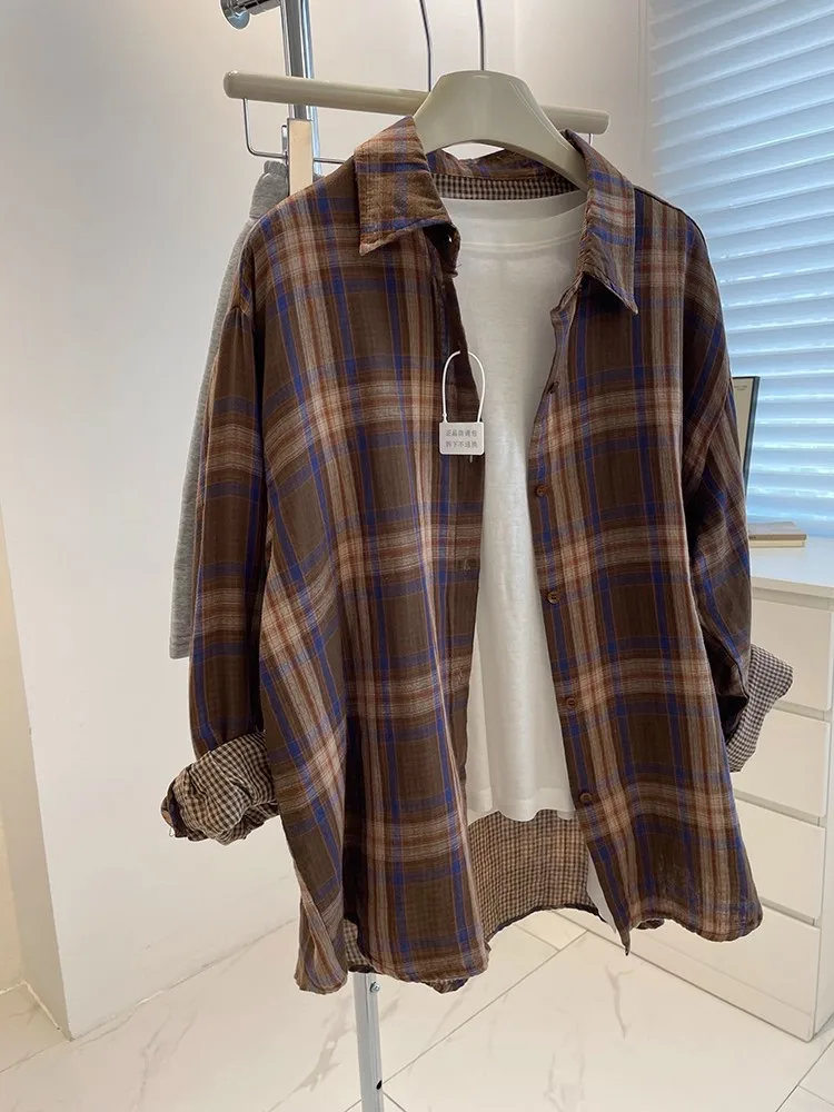 

Женская винтажная рубашка с длинным рукавом, клетчатая рубашка большого размера, осенне-зимняя модная свободная рубашка с лацканами, подходящая блузка