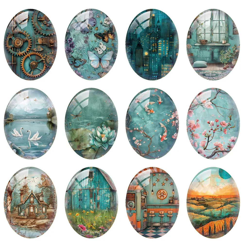 10pcs/lot Blue Green Flower Flamingo Oval Photo Glass Cabochon Flatback Demo Flat Back Cameo For Diy Jewelry Making Supplies