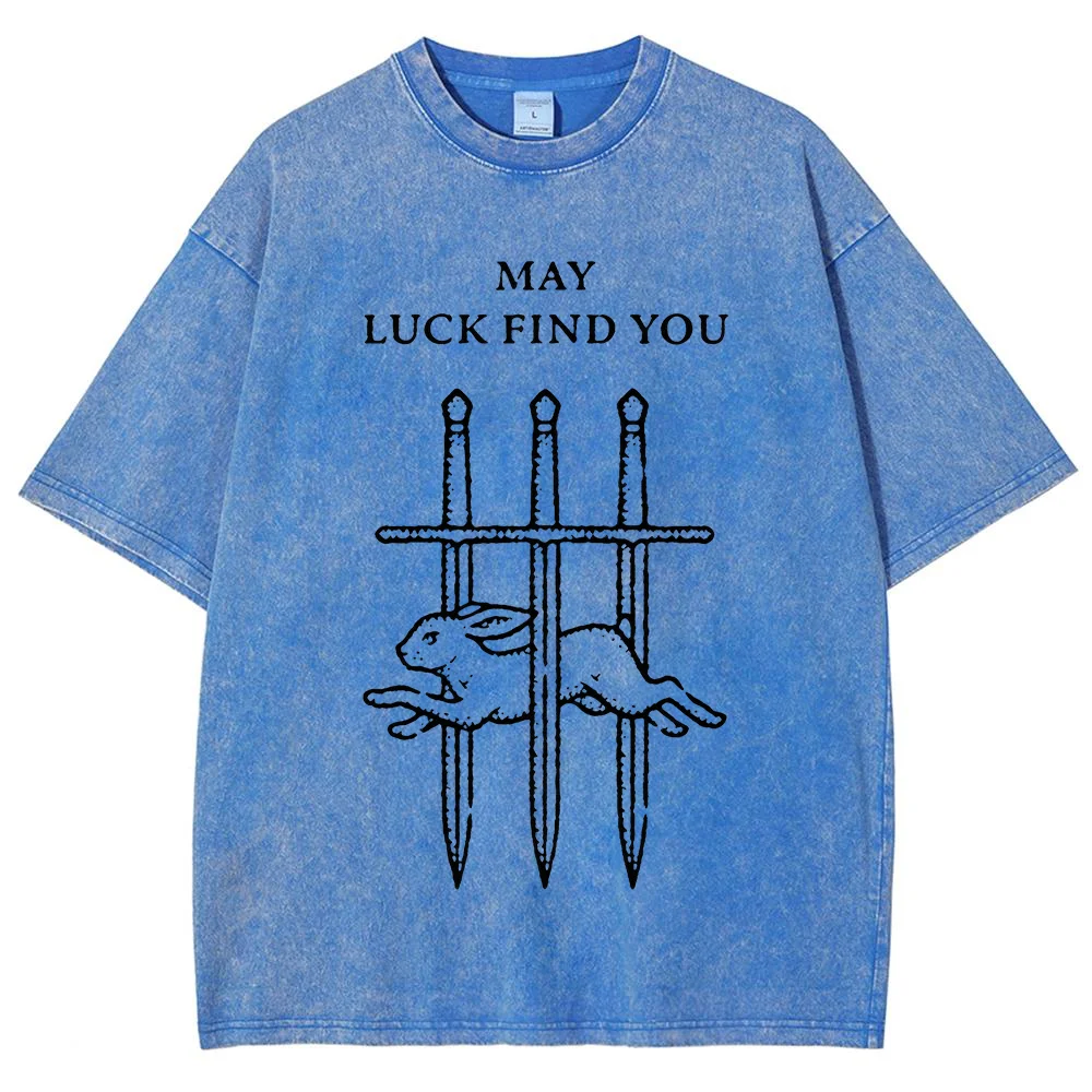 Men May Luck Find You Rabbit Sword Print T Shirt Vintage Distressed Graphic Tee Summer Short Sleeve Top Casual Streetwear