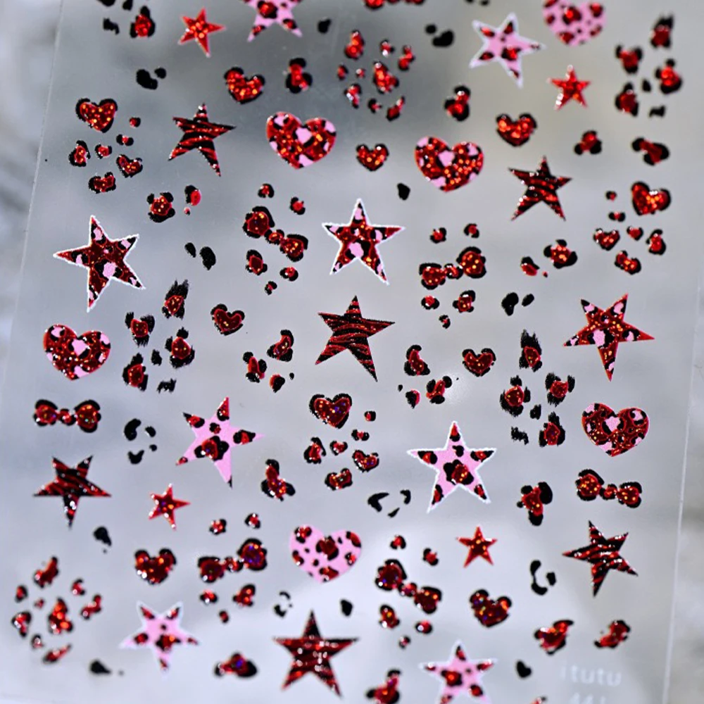 Pegatina navideña para uñas con lazo de estrella de leopardo rojo 3D, diseño de gelatina brillante, calcomanías artísticas para uñas con punta de leopardo Y2k, suministros de manicura picantes para niñas