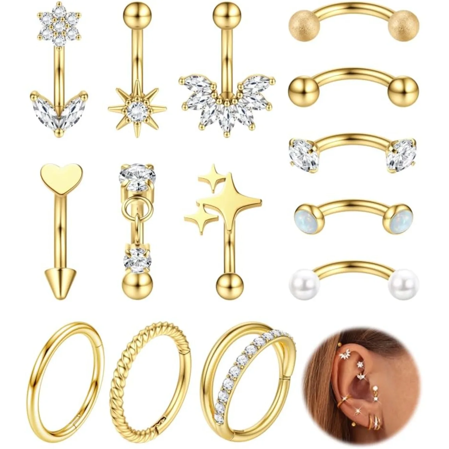 

Bobisty 14Pcs Stainless Steel Rook Eyebrow for Women Vertical Curved Barbell 16G Daith Nose Septum Piercings Jewellery Set 8MM