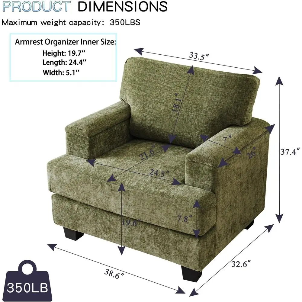 Large Comfortable Accent Chair with Armrest Storage, Plush Cushioned Living Room Furniture, Green Upholstered Armchair for Readi