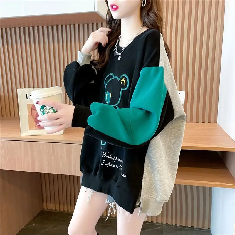 Fashion Loose Spliced Embroidery Casual T-Shirt Female Clothing 2023 Autumn Oversized Cartoon Tops All-match Tee Shirts