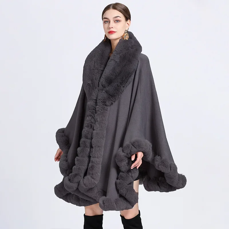 Europe America New Imitation Otter Rabbit Fur Collar Hooded Imitation Cashmere Loose  Ponchos Women Capes Gray Cloak