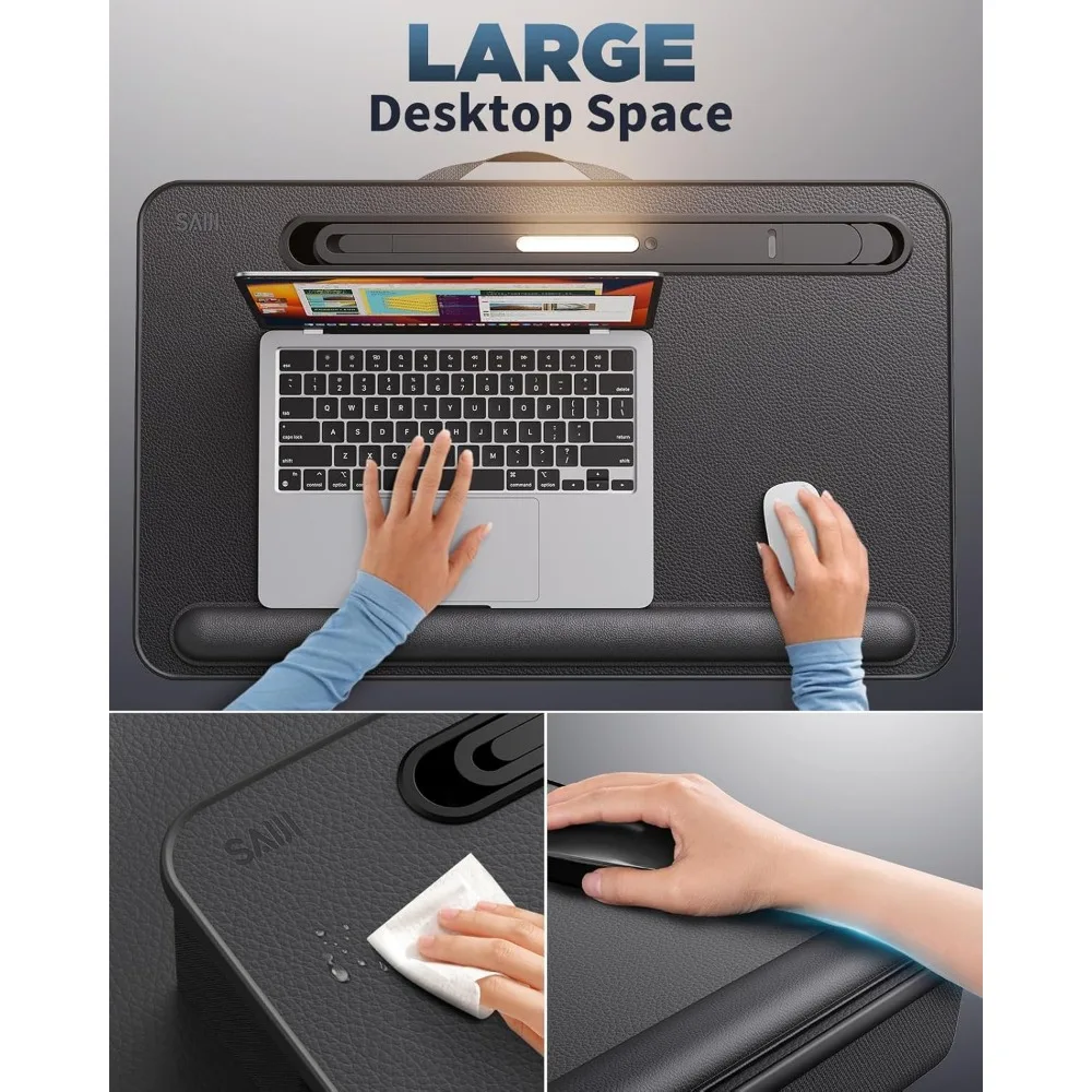 Portable LED Lap Desk with Cushion, Fits 17" Laptops, Adjustable Light & Storage Drawer for Bed/Couch Use