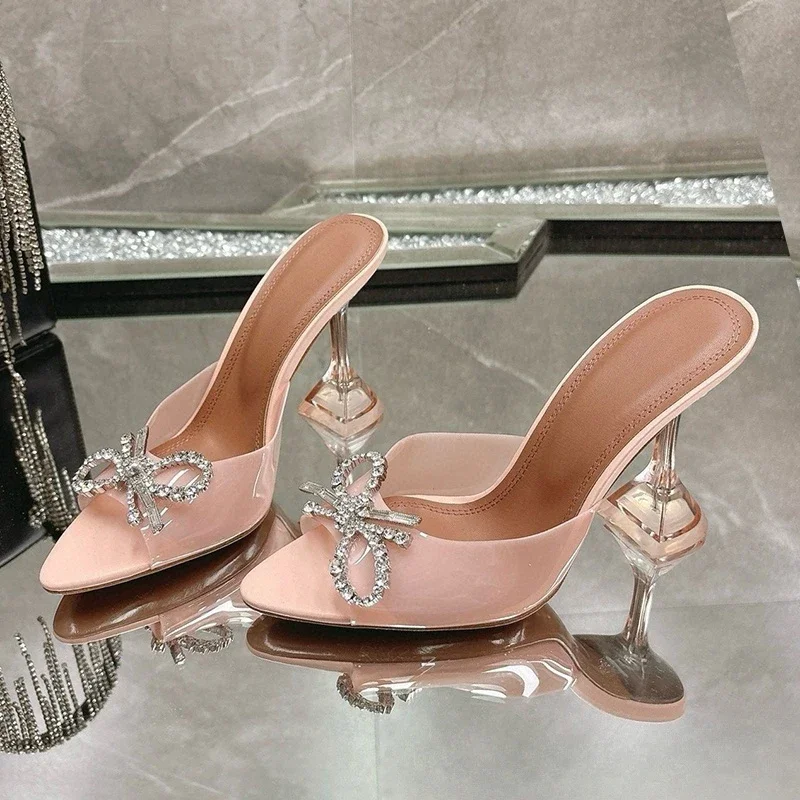 Summer Exquisite Rhinestone Bow High-Heeled Slippers Women's Transparent Pvc Pointed Toe Sandals Outdoor Versatile Single Shoes