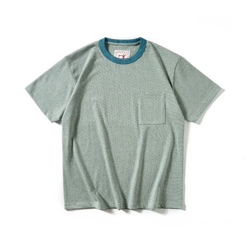 Amekaji Summer Men's Short Sleeved T-Shirt, Men's Round Neck Striped T-Shirt