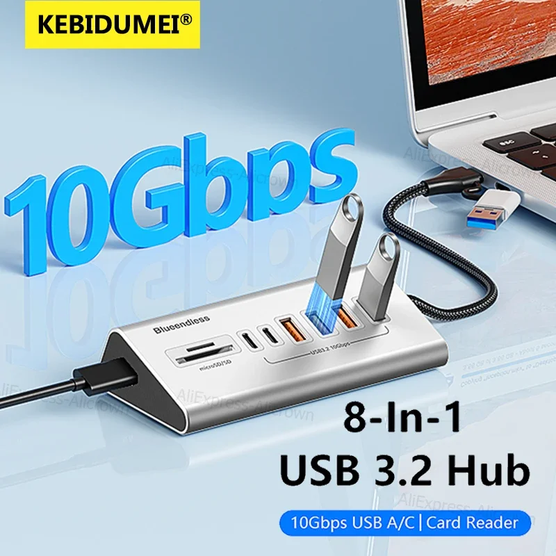 

8 портов USB 3.2 HUB Type C Док-станция 10 Гбит/с Высокоскоростной адаптер-сплиттер с устройством чтения карт SD/TF для портативных ПК