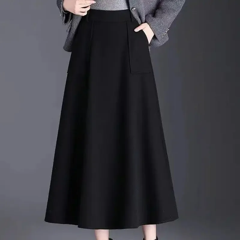 Autumn Winter Woolen Pocket Skirt Mid-length A-line Skirt Women's New High-waisted Slimming Large Hem Skirt Casual Skirt