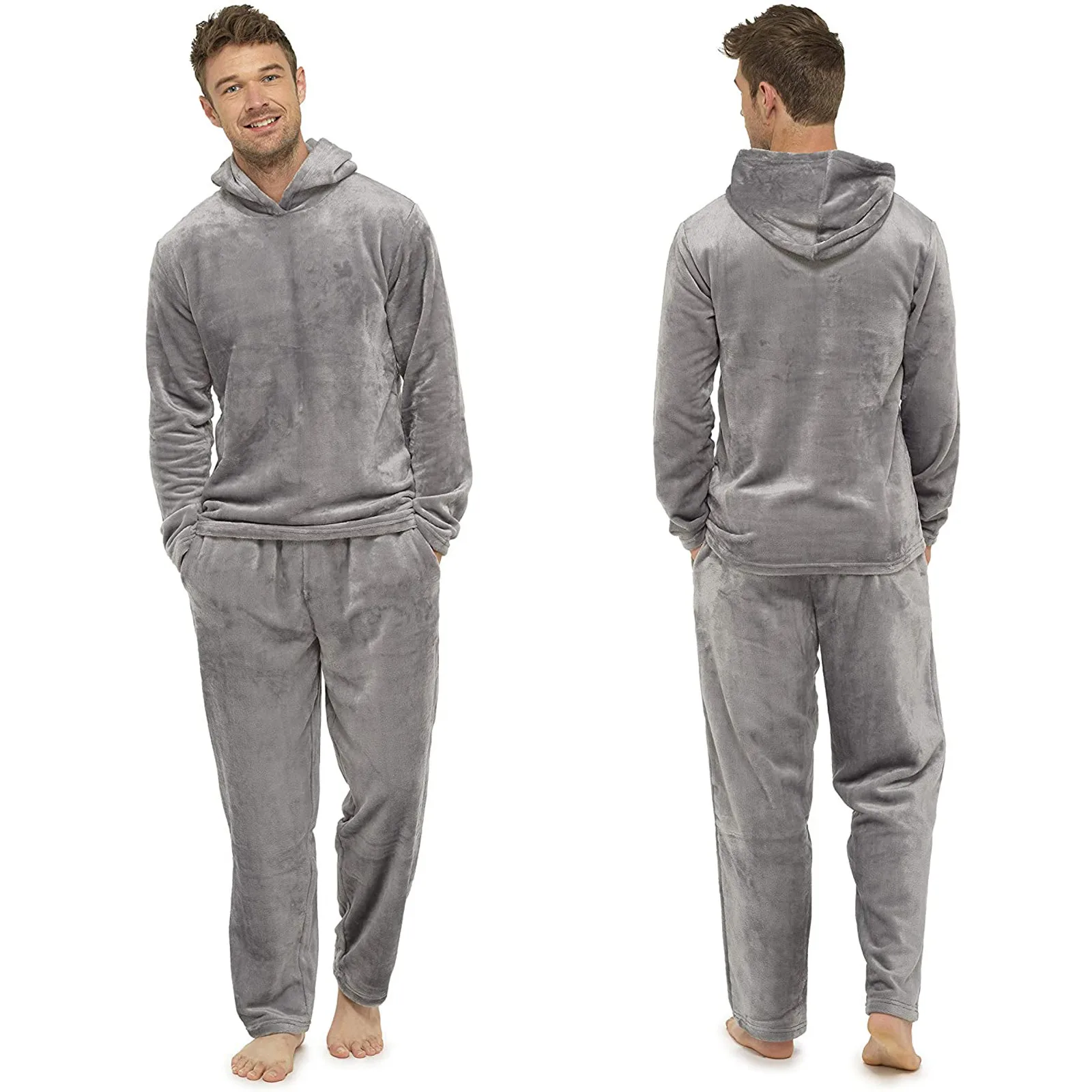 Pijama de felpa con capucha para hombre, conjunto de ropa de dormir con forro polar, cálido, para el hogar