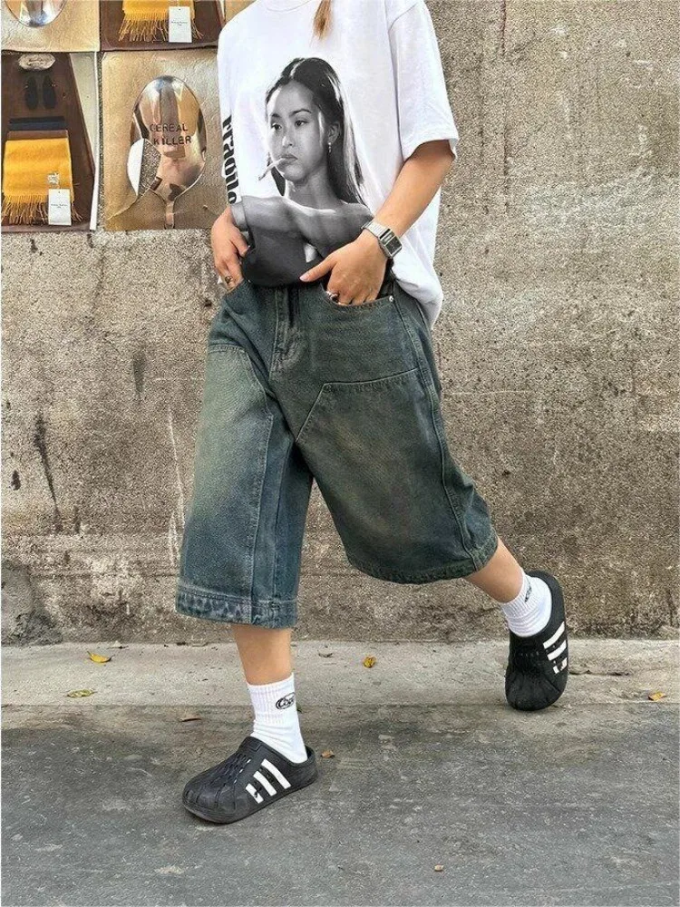 HOUZHOU Y2k Vintage Baggy kadın kot şort boy Harajuku kore moda Jorts japon tarzı Streetwear Denim pantolon yaz