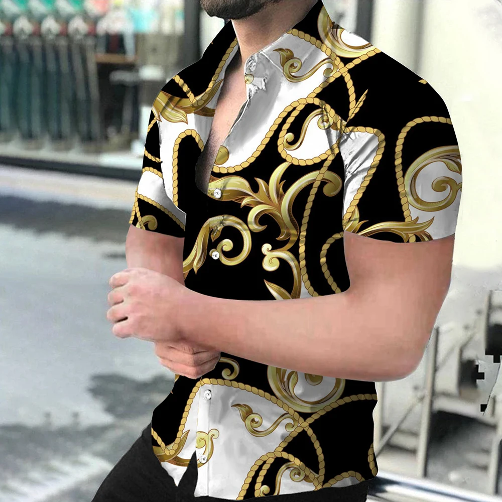 

Men Tops Men's Fashionable Fitness T Shirt with Short Sleeves Button Down Collar and Eye catching Baroque Print