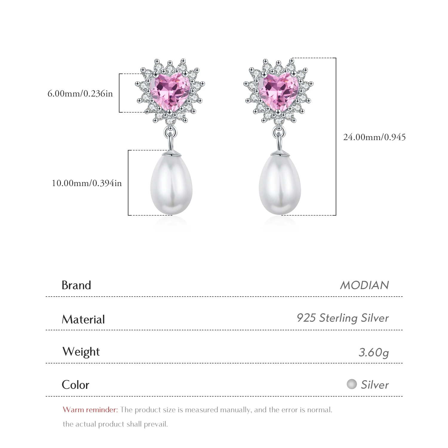 MODIAN 925 srebro serca różowa cyrkonia romantyczne kolczyki zwisające eleganckie kolczyki z muszlami i perłami dla kobiet Fine Jewelry — zdjęcie 4