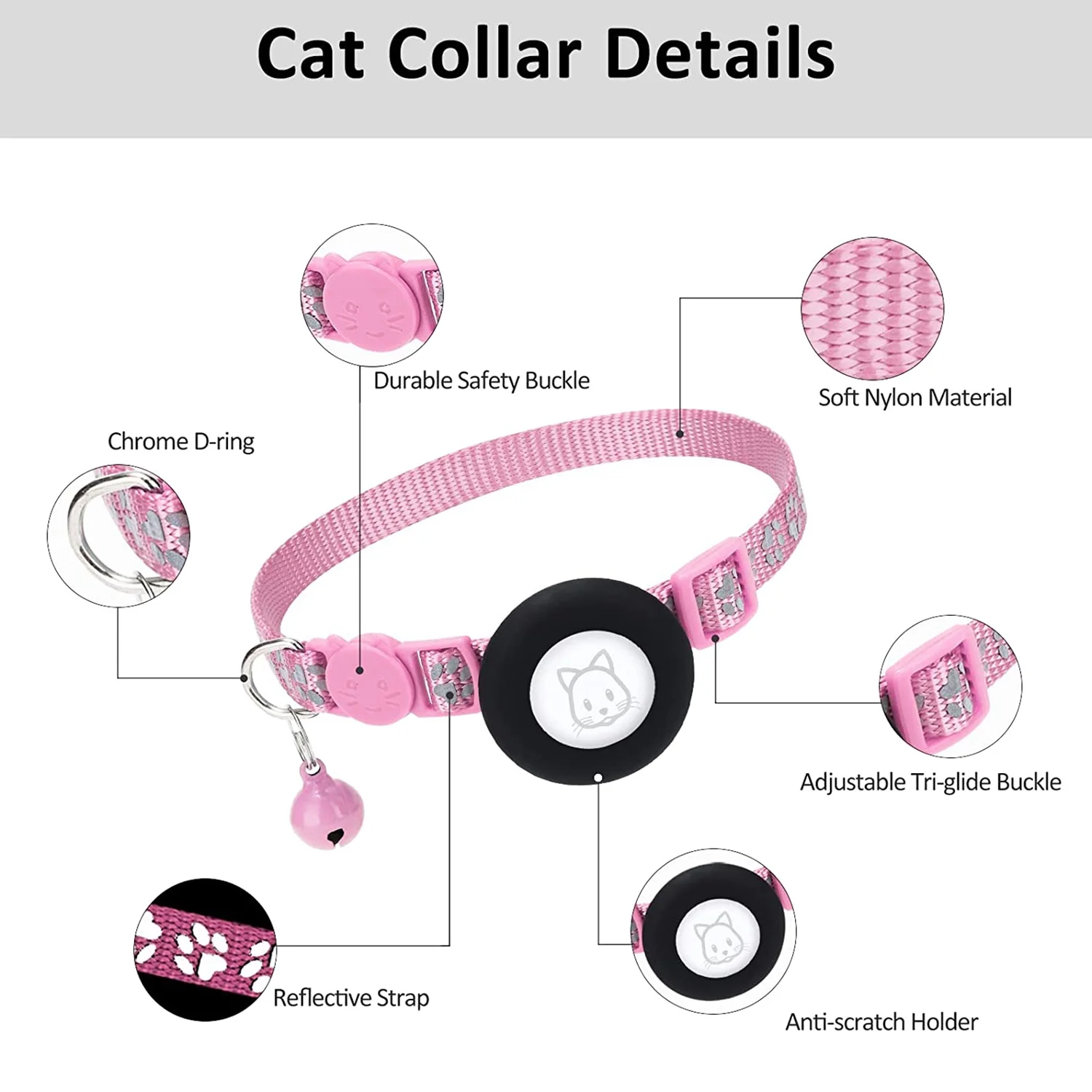 Cat Collar, for Apple Air Tag Cat Collar with Safety Buckle and Bell, Reflective Cat Collar in 3/8Inch Width Pink