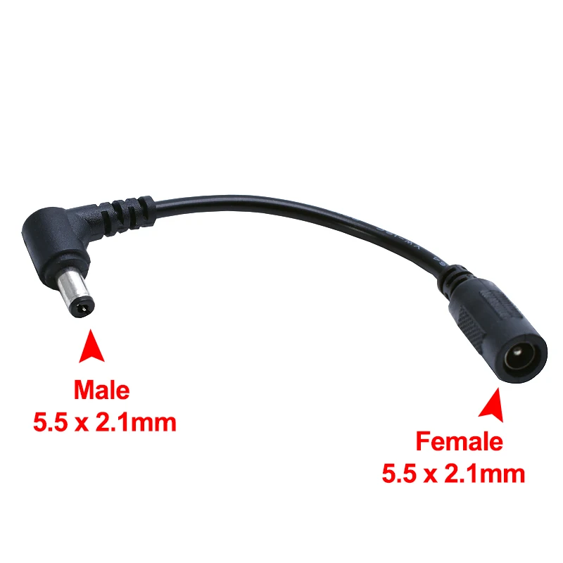 Zasilanie prądem stałym 5,5 x 2,1 mm męskie 90 °   Kątowy do żeńskiego przedłużacza kabla 15 cm