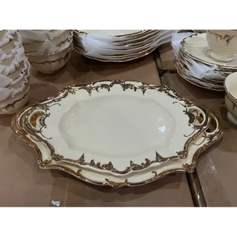 Light Luxury Gold European Style Ceramic Tableware Rice Bowl Soup Bowl Fruit Bowl Afternoon Tea Dessert Plate Steak Pasta