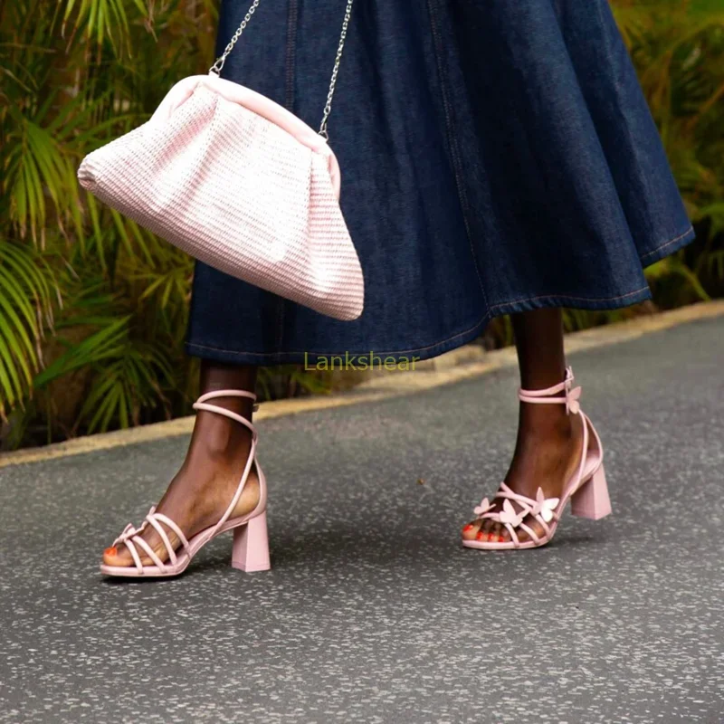 

Butterfly Flower Cover Heel Sandals Sexy Pointed Toe Thick Heel Corss Tied New Arrivals Fashion Women Modern Shoes