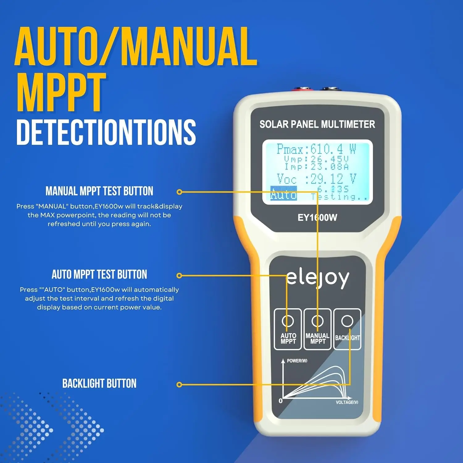 EY1600W Solar Panel Tester, Solar DC/AC Power Meter, Photovoltaic Panel Multimeter, Open Circuit Voltage Auto & Manual MPPT