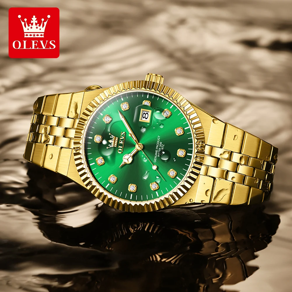 OLEVS 2989 Mens Watch Solid Stainless steel Luxury Diamond Green Dial Watches Waterproof Quartz Men's Wristwatch