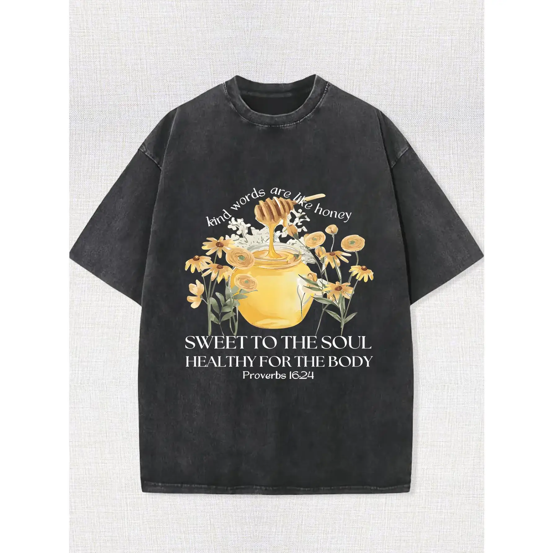 

Vintage Honey Words Graphic Tee Women Proverbs 16:24 Sweet Soul Print T-shirt Washed Oversized Inspirational Casual Top