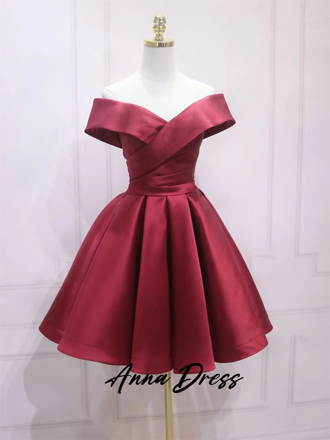 

Anna-2024 A-line Off Shoulder Satin Wine Red Short Ball Dress, Wine Red Homecoming Dress Suitable for Special Occasions