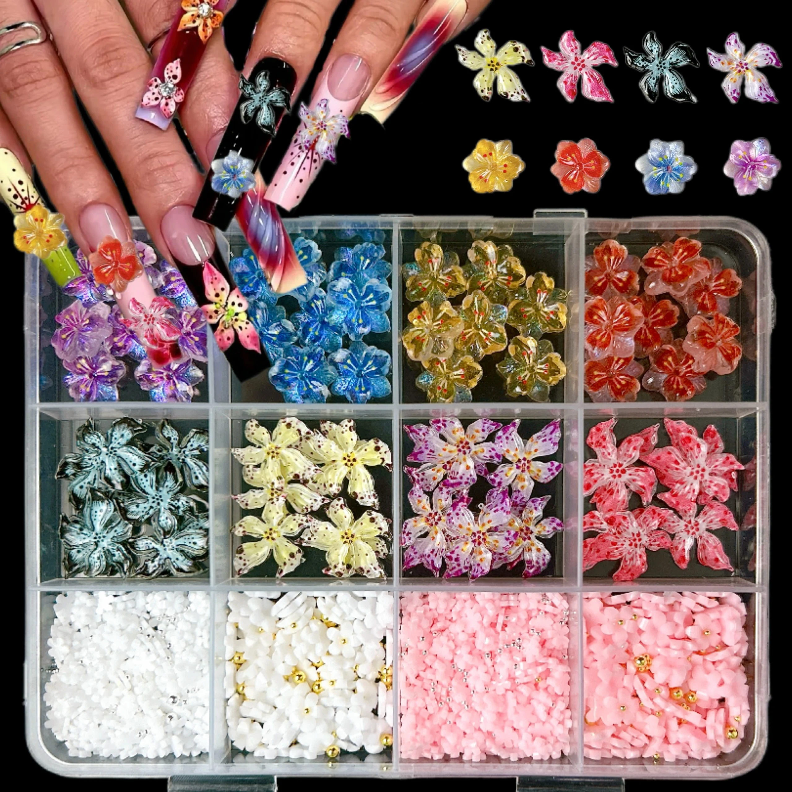 1 Pudełko Kolorowe Kreatywne Miękkie Kwiatki w Kropki Żywiczne Ozdoby do Paznokci Lodowo Przezroczyste Delikatne Błyszczące Kwiatki Mini Pięciopłatkowe Kwiaty do DIY