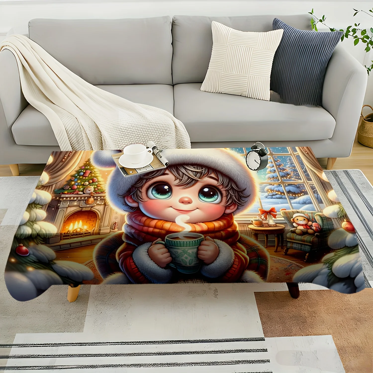 1pc 2D Flat tablecloth, Cute Kid with Santa Hat & Hot Cup, Warm Indoor Snow Scene Printed Tablecloth, Decor for Dining Table