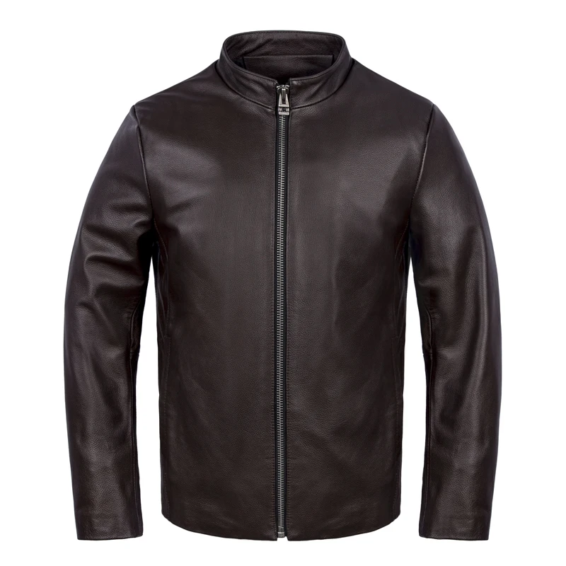 

Мужская приталенная кожаная куртка Slim Fit из натуральной воловьей кожи высшего качества, темно-коричневая, с воротником-стойкой, весна-осень, деловой повседневный стиль