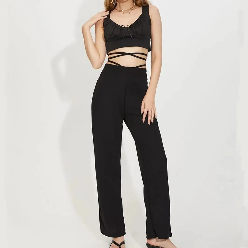 

Sexy High-Waisted Lace-Up Pants Spice Girl Style Sweet Cool Loose Straight Leg Slacks Street Tie With Crop Pants Slacks