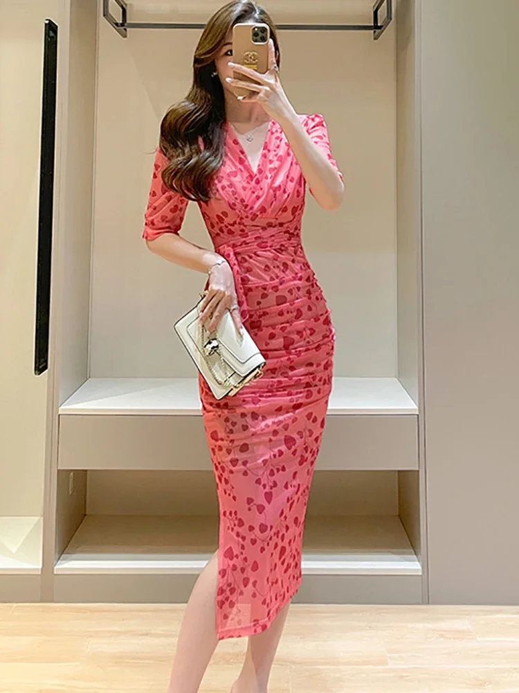 Women Pink Print Polka Dot Casual Long Dress Summer Short Sleeve Elegant Mesh Dress 2024 Korean Fashion Luxury Party Night Dress