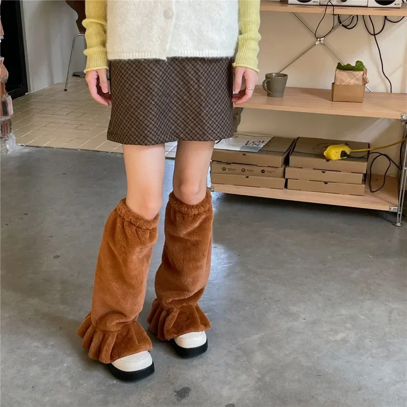 Calentadores de piernas peludos lisos Kawaii para mujer, calcetines japoneses Jk Harajuku, calcetines Y2k estéticos para estudiantes, pie largo de invierno 2024