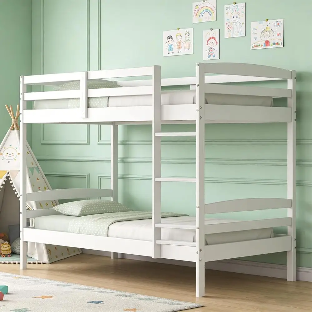 

Solid Wood Twin Over Twin Bunk Bed, Converts to Two Single Beds, Space-Saving, Full Guardrails, No Box Spring Needed, White