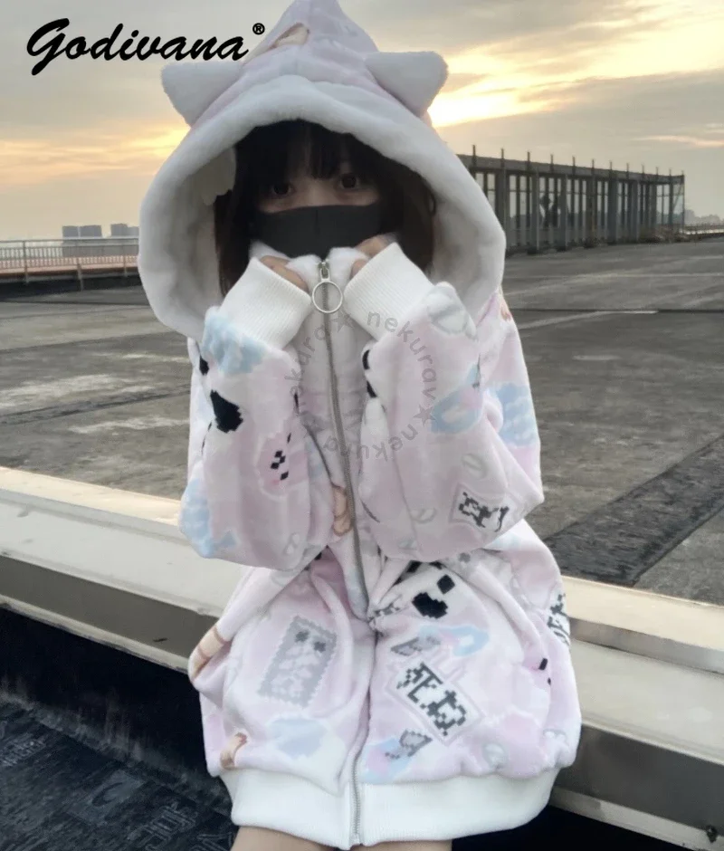 Original Design Cute Print Flannel Cat Ear Oversized Zip Coat Mine Style Girl Women\'s Thickened Warm Parka Cotton-padded Coat