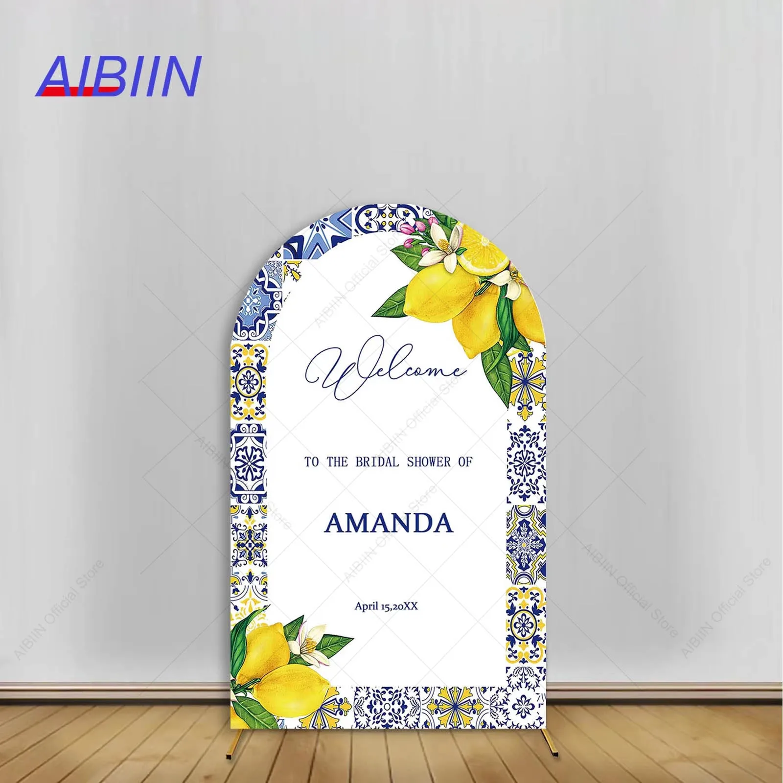 Custom Text Bridal Shower Arch Backdrop Cover Blue Tiles Lemon Welcome Party Direction Signs Background Birthday Party Decor