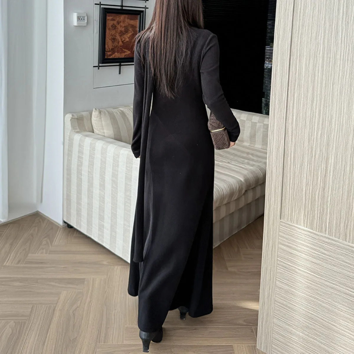 KWTX 2025 nuevo vestido de fiesta elegante Vintage de manga larga Maxi cuello redondo doble botonadura corte Casual sólido Otoño Invierno