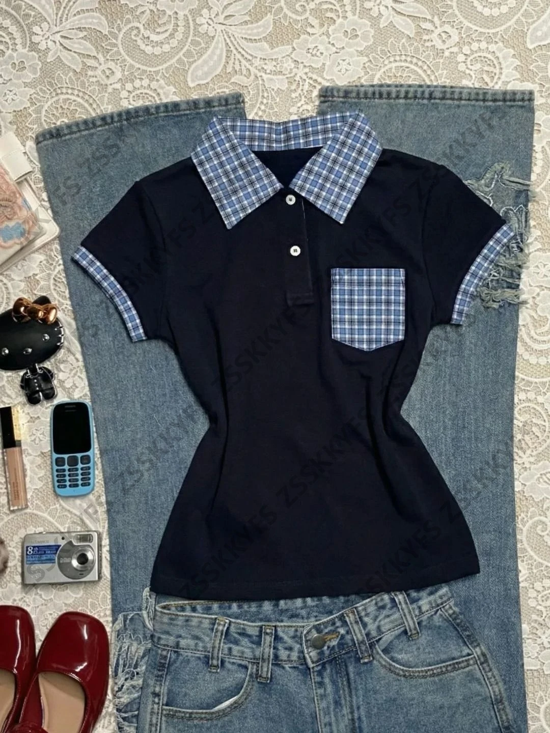 Fashion Polos T-shirts Grid Sweet Korean Girl Vintage Top Casual Women Shirt Clothing 2000s Summer Cuteore Tshirt Black Punk Tee