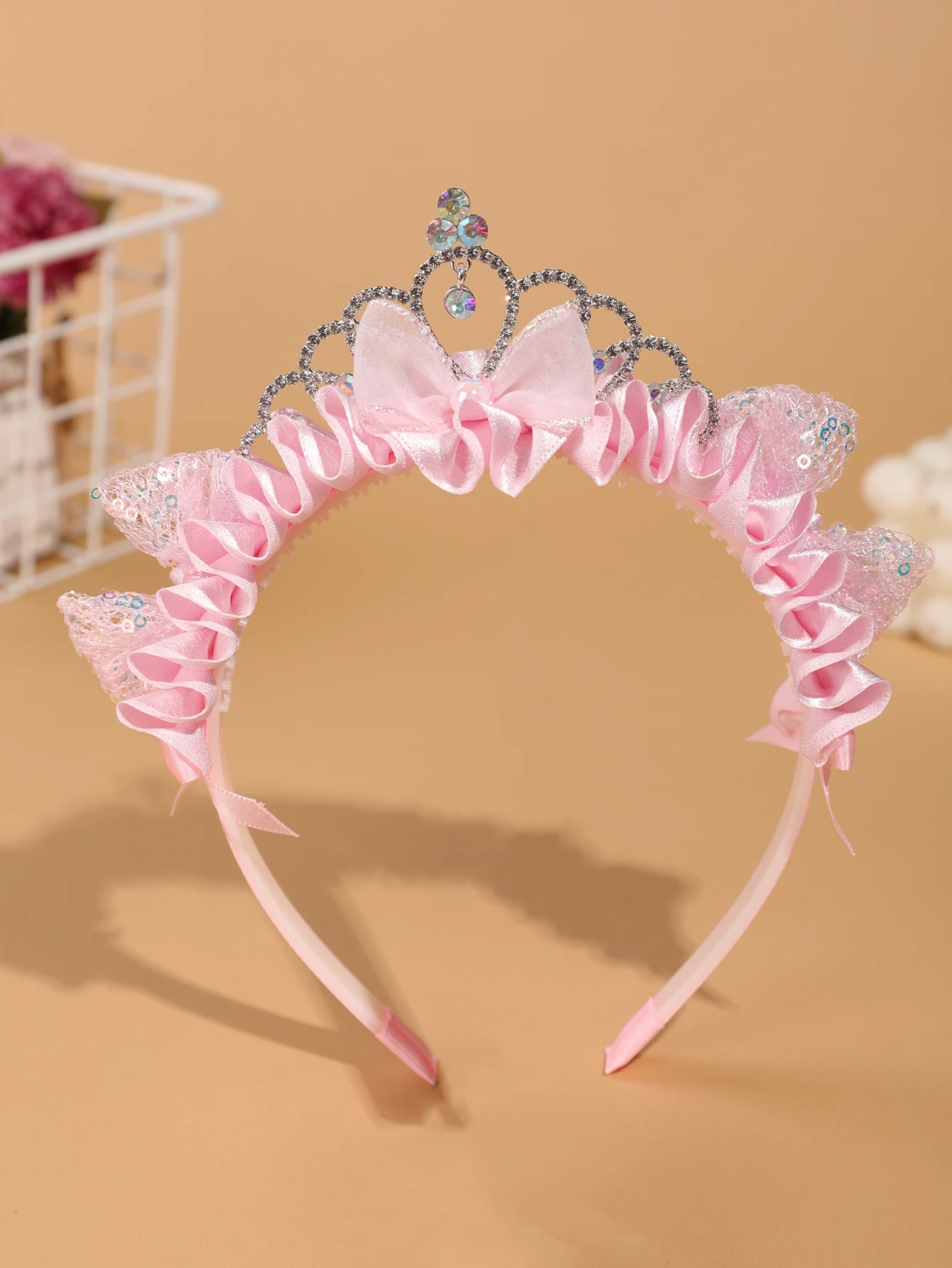 Kinder-Haarreif mit rosa Prinzessinnenkrone – Haarreif mit Pailletten-Katzenohren und Schleife für kleine Mädchen – Kopfschmuck für Geburtstagsfeiern und Aufführungen – Detail 2