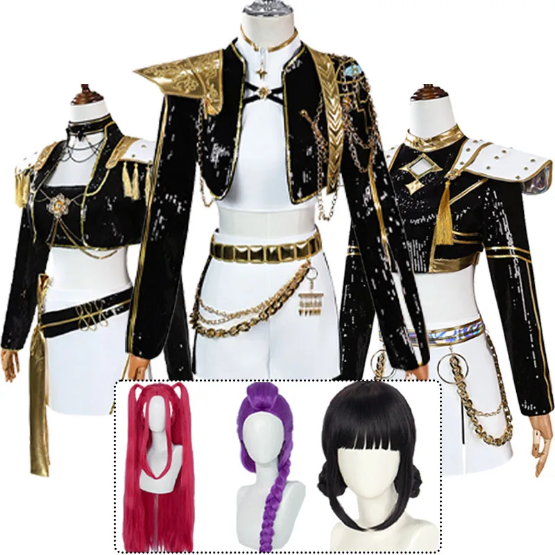 K-Pop Demon Hunters Костюм для косплея (Rumi/Zoey/Mira) - черный золотой костюм, термостойкий парик для взрослых, наряд для ролевых игр на Хэллоуин