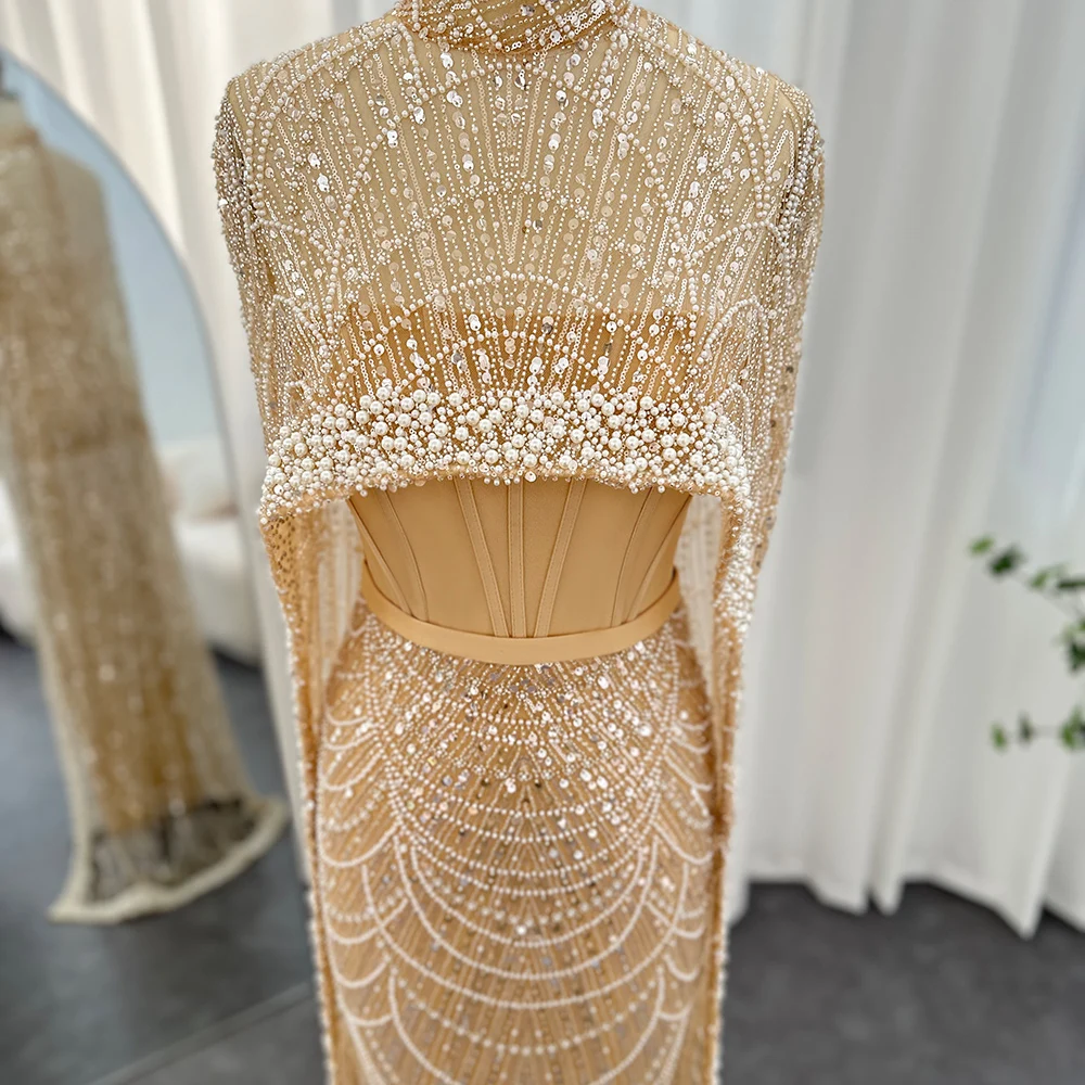 Sharon Said Luxus-Perlen Dubai Champagner Meerjungfrauen-Abendkleider mit Cape-Ärmeln Arabisches Hochzeits- und Abschlussballkleid SS369 Maßanfertigung – Detail 11