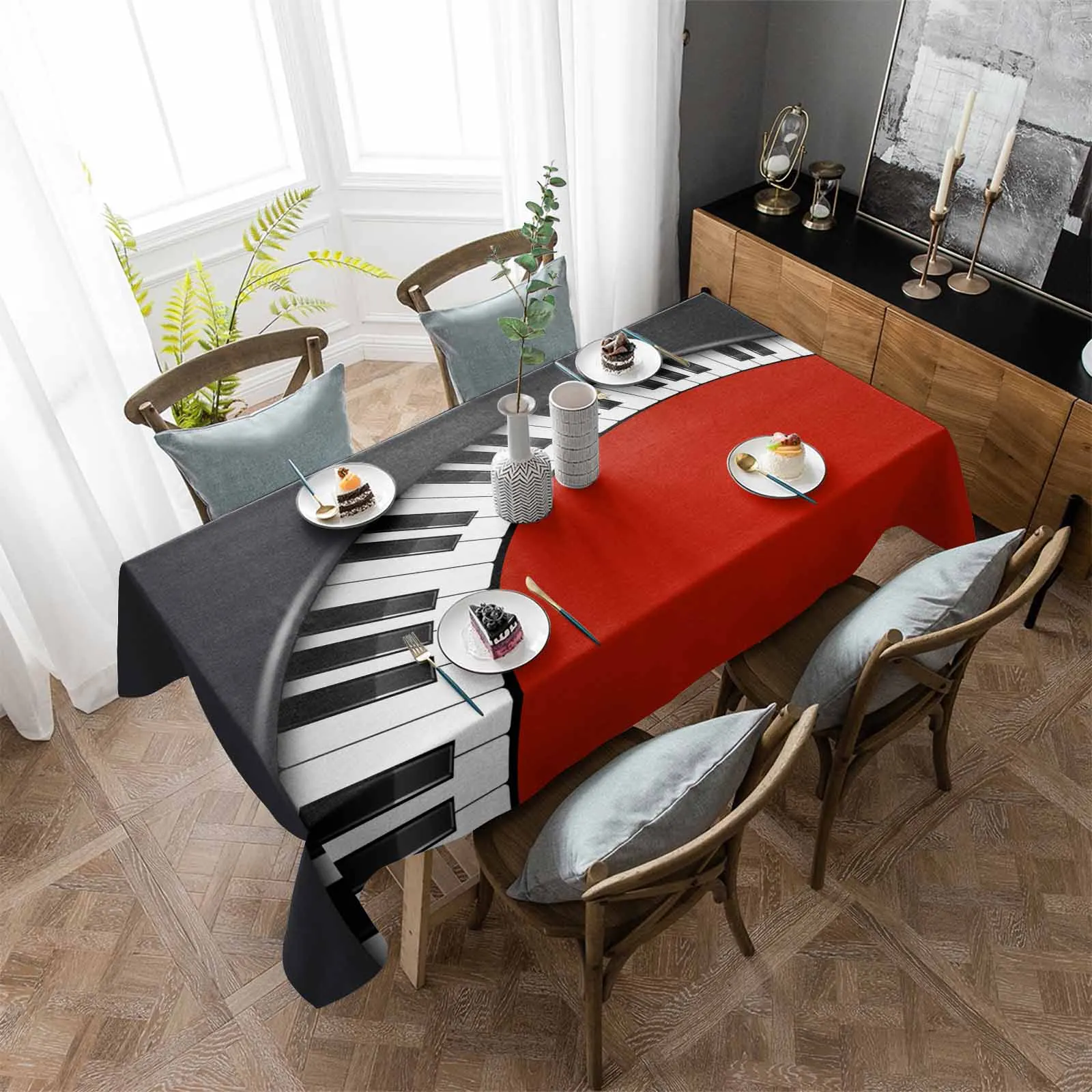 Red And Black Piano Keys Anti-scalding Thickened Waterproof Tablecloth Rectangular Round Table Cover Kitchen Furnishings