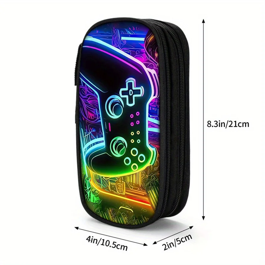 Colorful Game Controller Printed Pencil Case - Durable Black Fabric with Vibrant Neon Design, Perfect for School, Office