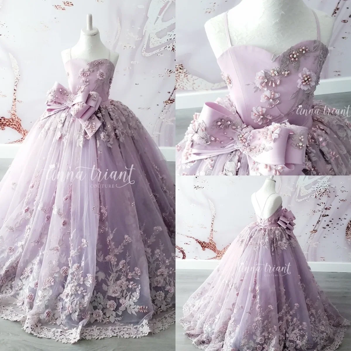 Customized Lavender Beaded Ball Gown Girls Pageant Dresses with Bow Princess Flower Girl Dress Appliqued First Communion Dress