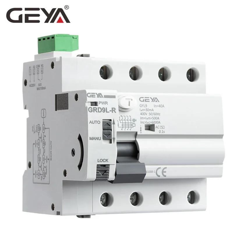 Disyuntor de Control remoto, dispositivo de pérdida automática, GRD9L-R, 2P, 4P, 40A, 63A, 30mA, 100mA, 300mA, RCD, 6KA, ELCB, RCCB, GEYA