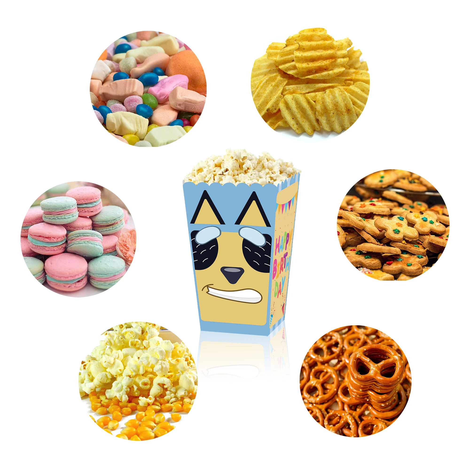 무스 귀여운 Bluey 가족 Bluey 파티 간식 캔디 치킨 쌀 팝콘 상자 식품 판지 포장 상자 12pcs 귀여운 빙고 선물 상자