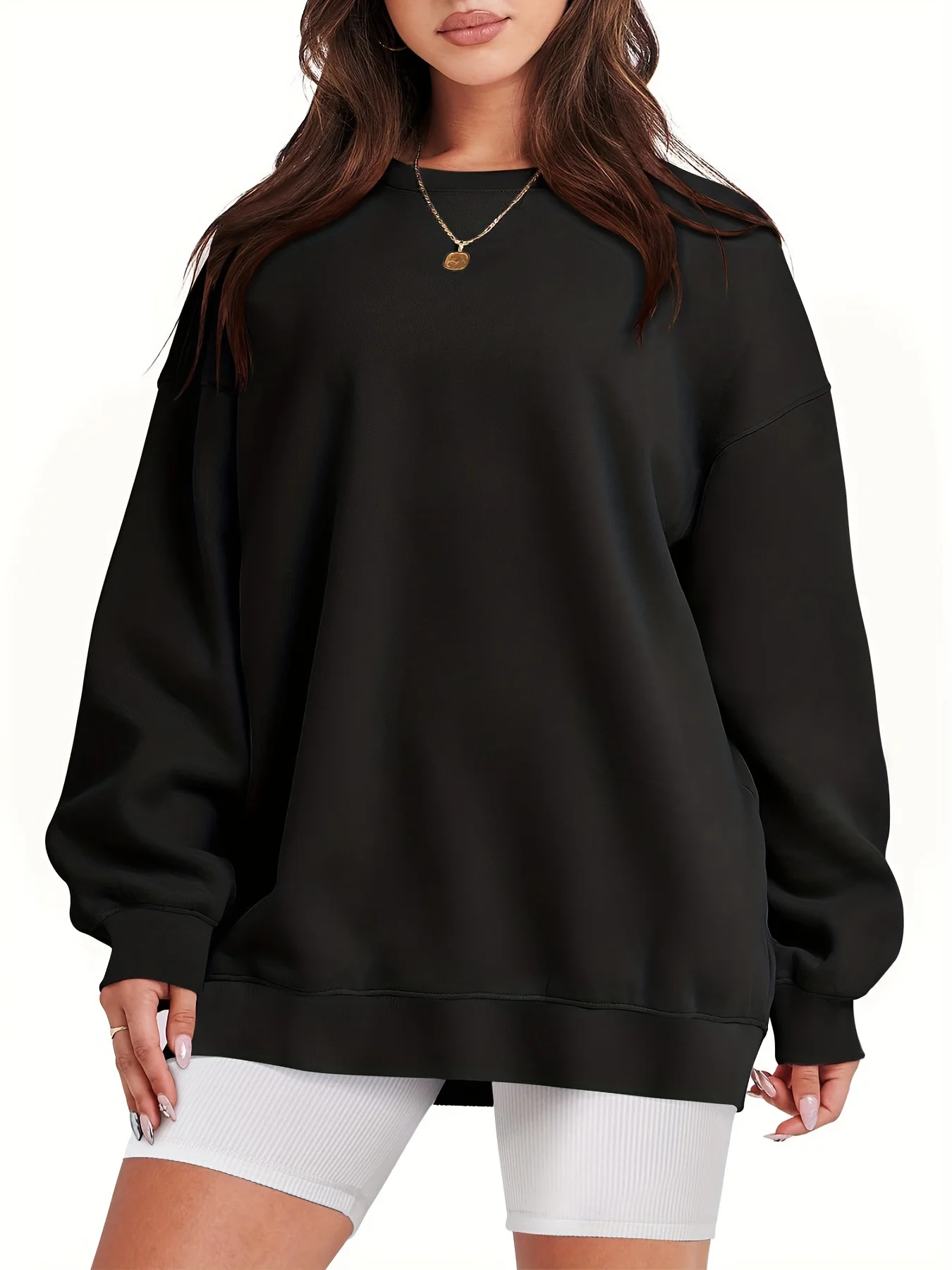 plus size European and American cross-border new oversized women\'s loose solid color hoodie long sleeved round neck pullover top