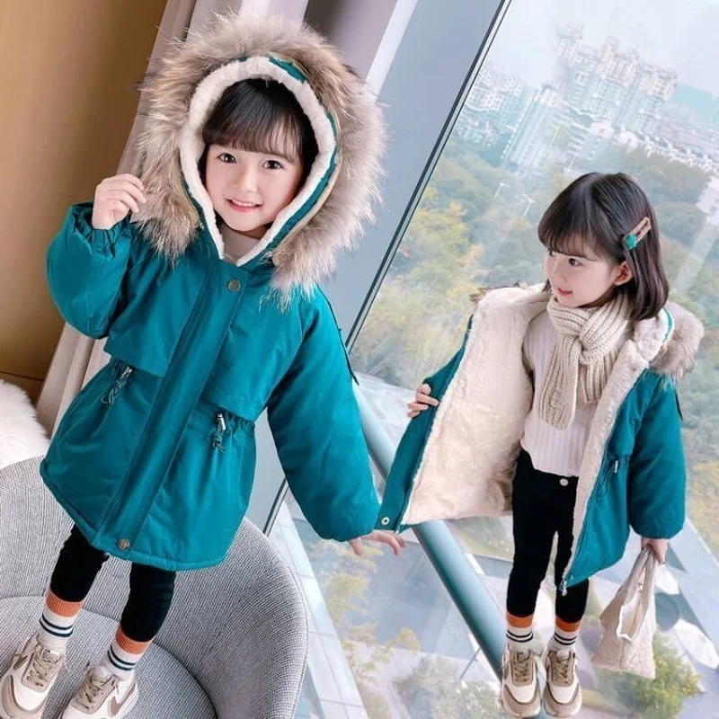 

New Winter Warm Girls Long Jacket Fashion Fur Collar Hooded Teen Girl Parka Coat Snowsuit Children Outerwear Clothing 4-13Y E497