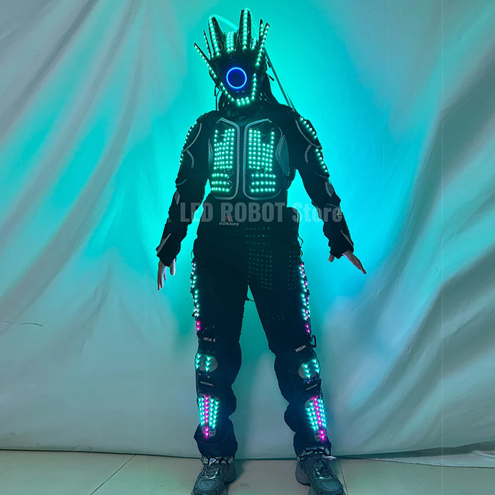 

LED Growing Man Robot Suit Armor Luminous Dance Costume Kryoman Performance Light Jacket with Helmet for Nightclub Bar
